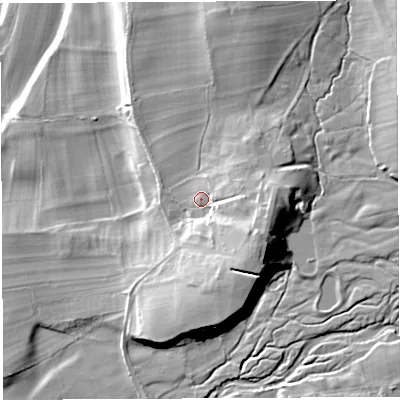 Shaded relief map of the ground around LA62RN, computed from Environment Agency LiDAR. The ground here sits at about 48 m above sea level and falls 24 m across the surrounding 800 m. Surface water reaching this point runs off ground lying to the south-east, 10.2 m higher.
