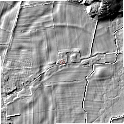 Shaded relief map of the ground around LA62RQ, computed from Environment Agency LiDAR. The ground here sits at about 34 m above sea level and falls 13 m across the surrounding 800 m. Surface water reaching this point runs off ground lying to the north-north-east, 0.7 m higher.