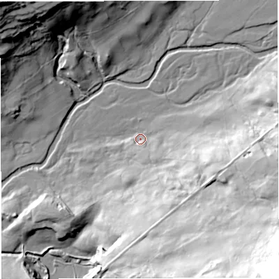 Shaded relief map of the ground around LA63AP, computed from Environment Agency LiDAR. The ground here sits at about 220 m above sea level and falls 111 m across the surrounding 800 m. Surface water reaching this point runs off ground lying to the south-east, 28.6 m higher.
