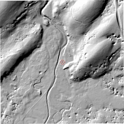 Shaded relief map of the ground around LA63AU, computed from Environment Agency LiDAR. The ground here sits at about 299 m above sea level and falls 51 m across the surrounding 800 m. Surface water reaching this point runs off ground lying to the north-north-east, 41.9 m higher.