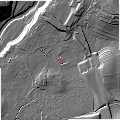 Shaded relief map of the ground around LA63BA, computed from Environment Agency LiDAR. The ground here sits at about 126 m above sea level and falls 67 m across the surrounding 800 m. Surface water reaching this point runs off ground lying to the east-south-east, 20.5 m higher.