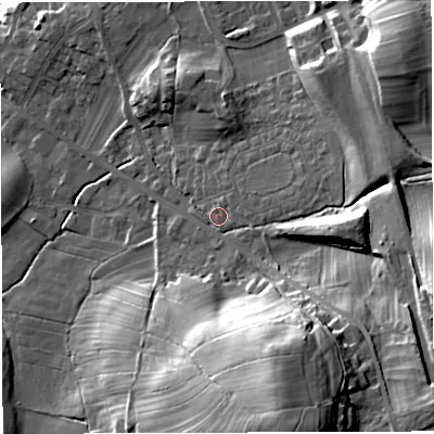 Shaded relief map of the ground around LA63BB, computed from Environment Agency LiDAR. The ground here sits at about 125 m above sea level and falls 42 m across the surrounding 800 m. Surface water reaching this point runs off ground lying to the east-south-east, 23.0 m higher.