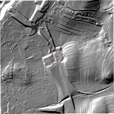 Shaded relief map of the ground around LA63BF, computed from Environment Agency LiDAR. The ground here sits at about 134 m above sea level and falls 66 m across the surrounding 800 m. Surface water reaching this point runs off ground lying to the east-south-east, 25.9 m higher.