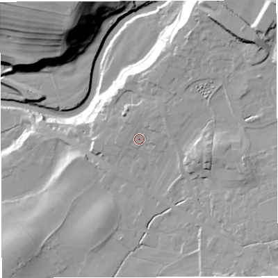 Shaded relief map of the ground around LA63BZ, computed from Environment Agency LiDAR. The ground here sits at about 120 m above sea level and falls 44 m across the surrounding 800 m. Surface water reaching this point runs off ground lying to the north-east, 3.8 m higher.