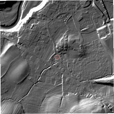 Shaded relief map of the ground around LA63DD, computed from Environment Agency LiDAR. The ground here sits at about 121 m above sea level and falls 50 m across the surrounding 800 m. Surface water reaching this point runs off ground lying to the east-south-east, 20.7 m higher.