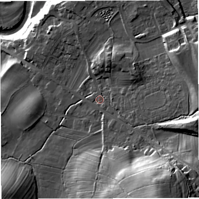 Shaded relief map of the ground around LA63DF, computed from Environment Agency LiDAR. The ground here sits at about 122 m above sea level and falls 52 m across the surrounding 800 m. Surface water reaching this point runs off ground lying to the east-south-east, 20.0 m higher.