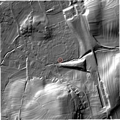 Shaded relief map of the ground around LA63DG, computed from Environment Agency LiDAR. The ground here sits at about 128 m above sea level and falls 41 m across the surrounding 800 m. Surface water reaching this point runs off ground lying to the east-south-east, 30.7 m higher.