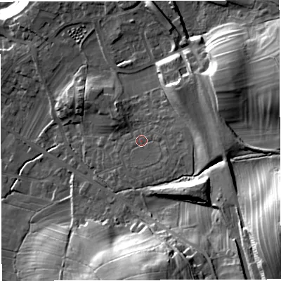 Shaded relief map of the ground around LA63DH, computed from Environment Agency LiDAR. The ground here sits at about 128 m above sea level and falls 50 m across the surrounding 800 m. Surface water reaching this point runs off ground lying to the east, 9.0 m higher.