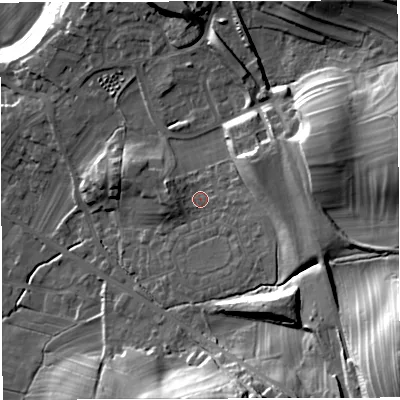 Shaded relief map of the ground around LA63DJ, computed from Environment Agency LiDAR. The ground here sits at about 128 m above sea level and falls 49 m across the surrounding 800 m. Surface water reaching this point runs off ground lying to the east, 8.5 m higher.