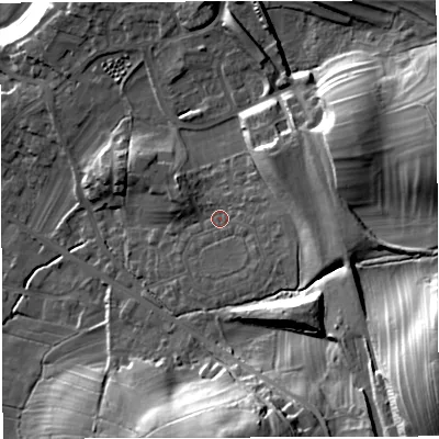 Shaded relief map of the ground around LA63DQ, computed from Environment Agency LiDAR. The ground here sits at about 128 m above sea level and falls 50 m across the surrounding 800 m. Surface water reaching this point runs off ground lying to the east-south-east, 9.5 m higher.