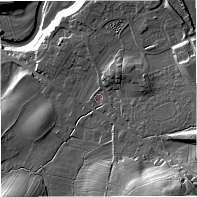 Shaded relief map of the ground around LA63DZ, computed from Environment Agency LiDAR. The ground here sits at about 120 m above sea level and falls 50 m across the surrounding 800 m. Surface water reaching this point runs off ground lying to the east-south-east, 21.3 m higher.