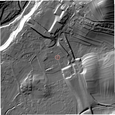 Shaded relief map of the ground around LA63EA, computed from Environment Agency LiDAR. The ground here sits at about 127 m above sea level and falls 72 m across the surrounding 800 m. Surface water reaching this point runs off ground lying to the north-north-east, 7.2 m higher.
