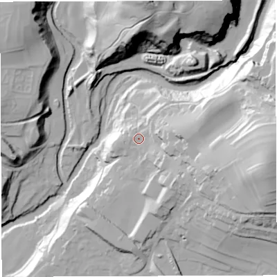 Shaded relief map of the ground around LA63EG, computed from Environment Agency LiDAR. The ground here sits at about 132 m above sea level and falls 74 m across the surrounding 800 m. Surface water reaching this point runs off ground lying to the east, 45.0 m higher.