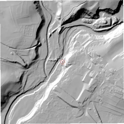 Shaded relief map of the ground around LA63EN, computed from Environment Agency LiDAR. The ground here sits at about 116 m above sea level and falls 71 m across the surrounding 800 m. Surface water reaching this point runs off ground lying to the north-east, 61.7 m higher.