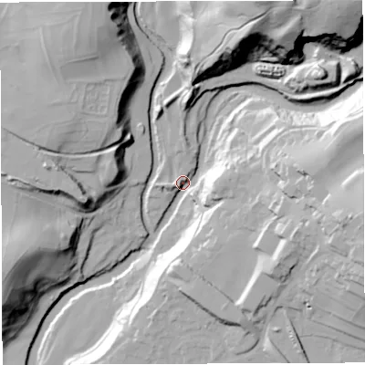 Shaded relief map of the ground around LA63EP, computed from Environment Agency LiDAR. The ground here sits at about 114 m above sea level and falls 74 m across the surrounding 800 m. Surface water reaching this point runs off ground lying to the north-east, 64.6 m higher.