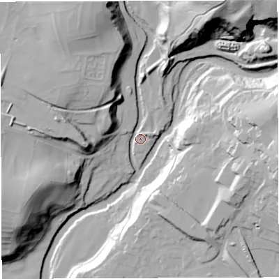Shaded relief map of the ground around LA63ES, computed from Environment Agency LiDAR. The ground here sits at about 113 m above sea level and falls 69 m across the surrounding 800 m. Surface water reaching this point runs off ground lying to the north-north-east, 54.4 m higher.