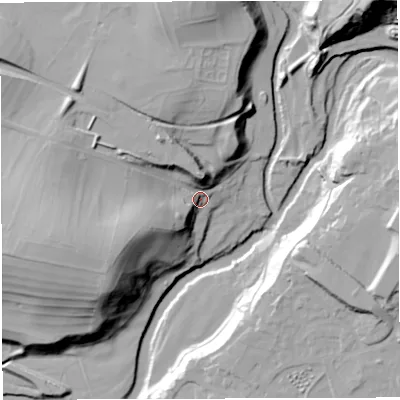 Shaded relief map of the ground around LA63ET, computed from Environment Agency LiDAR. The ground here sits at about 116 m above sea level and falls 57 m across the surrounding 800 m. Surface water reaching this point runs off ground lying to the west-south-west, 27.3 m higher.