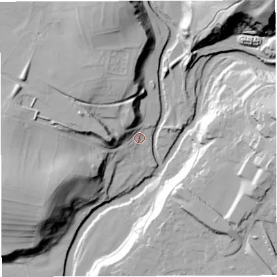 Shaded relief map of the ground around LA63EX, computed from Environment Agency LiDAR. The ground here sits at about 113 m above sea level and falls 65 m across the surrounding 800 m. Surface water reaching this point runs off ground lying to the north-north-west, 16.7 m higher.