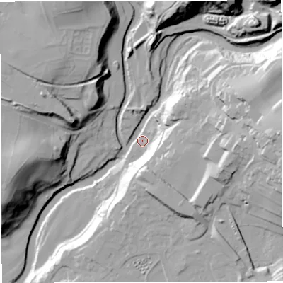 Shaded relief map of the ground around LA63EY, computed from Environment Agency LiDAR. The ground here sits at about 112 m above sea level and falls 54 m across the surrounding 800 m. Surface water reaching this point runs off ground lying to the north-north-east, 45.8 m higher.