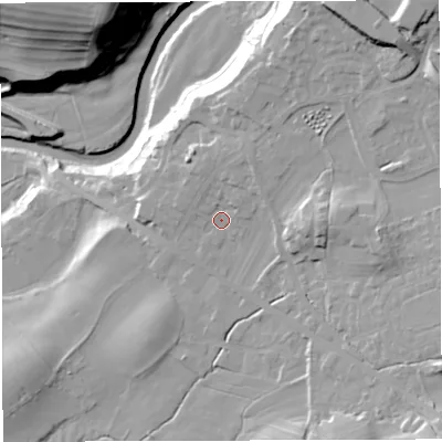 Shaded relief map of the ground around LA63FE, computed from Environment Agency LiDAR. The ground here sits at about 119 m above sea level and falls 43 m across the surrounding 800 m. Surface water reaching this point runs off ground lying to the north-north-east, 4.3 m higher.
