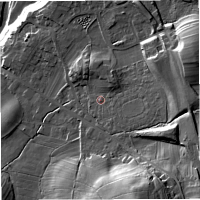 Shaded relief map of the ground around LA63FG, computed from Environment Agency LiDAR. The ground here sits at about 125 m above sea level and falls 49 m across the surrounding 800 m. Surface water reaching this point runs off ground lying to the east, 13.1 m higher.