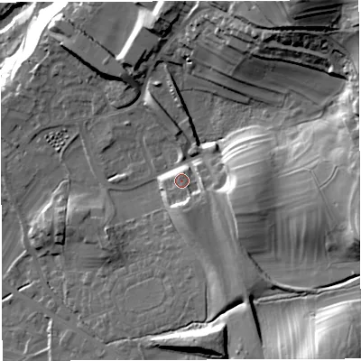 Shaded relief map of the ground around LA63FJ, computed from Environment Agency LiDAR. The ground here sits at about 133 m above sea level and falls 65 m across the surrounding 800 m. Surface water reaching this point runs off ground lying to the south-east, 24.6 m higher.