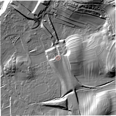 Shaded relief map of the ground around LA63FL, computed from Environment Agency LiDAR. The ground here sits at about 135 m above sea level and falls 60 m across the surrounding 800 m. Surface water reaching this point runs off ground lying to the east, 25.0 m higher.