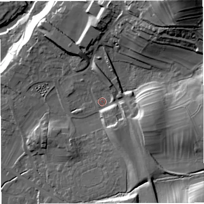 Shaded relief map of the ground around LA63FN, computed from Environment Agency LiDAR. The ground here sits at about 127 m above sea level and falls 69 m across the surrounding 800 m. Surface water reaching this point runs off ground lying to the south-east, 27.8 m higher.