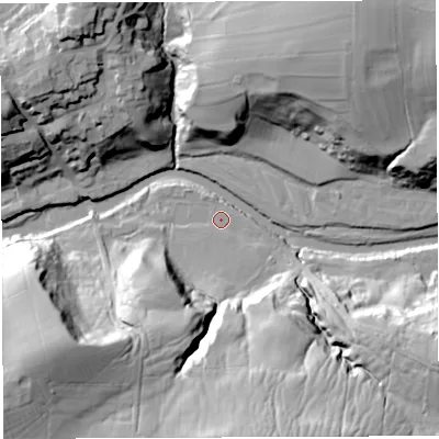 Shaded relief map of the ground around LA63FT, computed from Environment Agency LiDAR. The ground here sits at about 66 m above sea level and falls 44 m across the surrounding 800 m. Surface water reaching this point runs off ground lying to the south, 27.4 m higher.