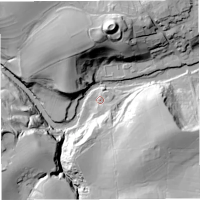 Shaded relief map of the ground around LA63FW, computed from Environment Agency LiDAR. The ground here sits at about 64 m above sea level and falls 53 m across the surrounding 800 m. Surface water reaching this point runs off ground lying to the south-south-east, 25.2 m higher.