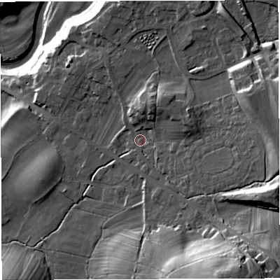 Shaded relief map of the ground around LA63GH, computed from Environment Agency LiDAR. The ground here sits at about 122 m above sea level and falls 50 m across the surrounding 800 m. Surface water reaching this point runs off ground lying to the east-south-east, 20.0 m higher.