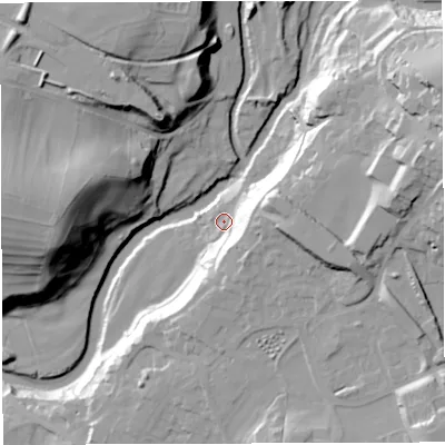 Shaded relief map of the ground around LA63HB, computed from Environment Agency LiDAR. The ground here sits at about 111 m above sea level and falls 48 m across the surrounding 800 m. Surface water reaching this point runs off ground lying to the east, 23.0 m higher.