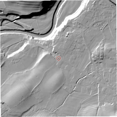 Shaded relief map of the ground around LA63HL, computed from Environment Agency LiDAR. The ground here sits at about 118 m above sea level and falls 40 m across the surrounding 800 m. Surface water reaching this point runs off ground lying to the north-east, 6.0 m higher.