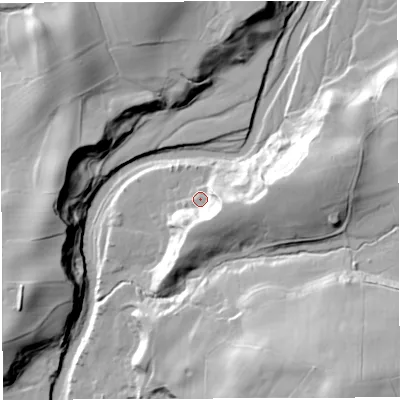 Shaded relief map of the ground around LA63HR, computed from Environment Agency LiDAR. The ground here sits at about 88 m above sea level and falls 41 m across the surrounding 800 m. Surface water reaching this point runs off ground lying to the east-south-east, 15.5 m higher.