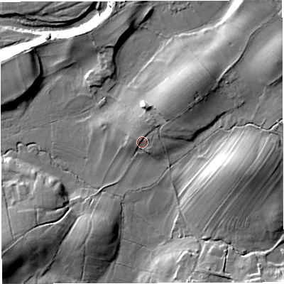 Shaded relief map of the ground around LA63HS, computed from Environment Agency LiDAR. The ground here sits at about 110 m above sea level and falls 31 m across the surrounding 800 m. Surface water reaching this point runs off ground lying to the north-east, 4.5 m higher.