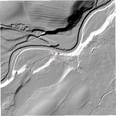 Shaded relief map of the ground around LA63HW, computed from Environment Agency LiDAR. The ground here sits at about 109 m above sea level and falls 48 m across the surrounding 800 m. Surface water reaching this point runs off ground lying to the east, 17.8 m higher.