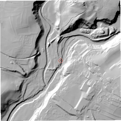 Shaded relief map of the ground around LA63HY, computed from Environment Agency LiDAR. The ground here sits at about 116 m above sea level and falls 78 m across the surrounding 800 m. Surface water reaching this point runs off ground lying to the north-east, 67.3 m higher.