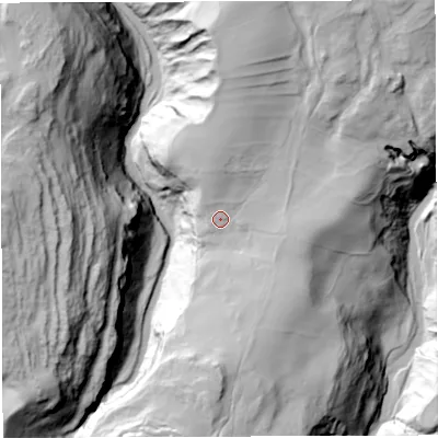 Shaded relief map of the ground around LA63JJ, computed from Environment Agency LiDAR. The ground here sits at about 180 m above sea level and falls 99 m across the surrounding 800 m. Surface water reaching this point runs off ground lying to the north-north-east, 36.8 m higher.