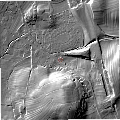 Shaded relief map of the ground around LA63JL, computed from Environment Agency LiDAR. The ground here sits at about 127 m above sea level and falls 39 m across the surrounding 800 m. Surface water reaching this point runs off ground lying to the east-south-east, 29.1 m higher.