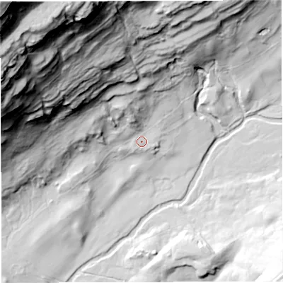 Shaded relief map of the ground around LA63JQ, computed from Environment Agency LiDAR. The ground here sits at about 225 m above sea level and falls 175 m across the surrounding 800 m. Surface water reaching this point runs off ground lying to the north-north-west, 17.1 m higher.