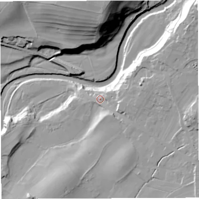 Shaded relief map of the ground around LA63JW, computed from Environment Agency LiDAR. The ground here sits at about 113 m above sea level and falls 48 m across the surrounding 800 m. Surface water reaching this point runs off ground lying to the east-north-east, 12.0 m higher.