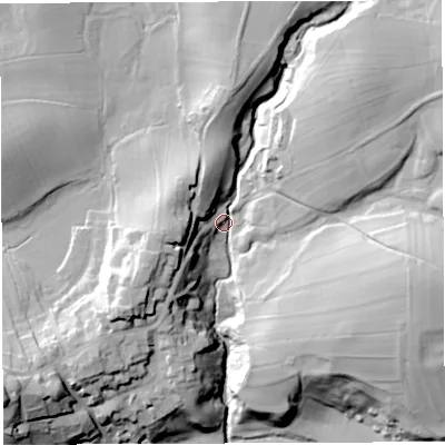 Shaded relief map of the ground around LA63NA, computed from Environment Agency LiDAR. The ground here sits at about 78 m above sea level and falls 37 m across the surrounding 800 m. Surface water reaching this point runs off ground lying to the north-east, 21.6 m higher.
