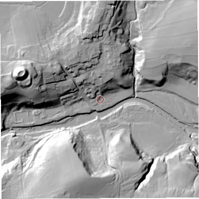 Shaded relief map of the ground around LA63ND, computed from Environment Agency LiDAR. The ground here sits at about 66 m above sea level and falls 51 m across the surrounding 800 m. Surface water reaching this point runs off ground lying to the north-north-west, 26.1 m higher.