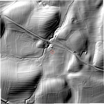 Shaded relief map of the ground around LA63NJ, computed from Environment Agency LiDAR. The ground here sits at about 139 m above sea level and falls 50 m across the surrounding 800 m. Surface water reaching this point runs off ground lying to the north-east, 7.9 m higher.