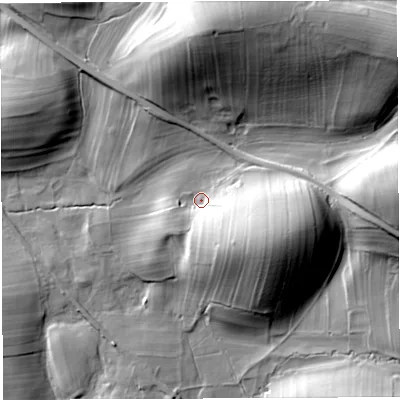 Shaded relief map of the ground around LA63NL, computed from Environment Agency LiDAR. The ground here sits at about 122 m above sea level and falls 43 m across the surrounding 800 m. Surface water reaching this point runs off ground lying to the east-south-east, 21.5 m higher.
