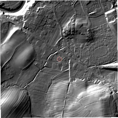 Shaded relief map of the ground around LA63NU, computed from Environment Agency LiDAR. The ground here sits at about 120 m above sea level and falls 54 m across the surrounding 800 m. Surface water reaching this point runs off ground lying to the east-south-east, 4.9 m higher.