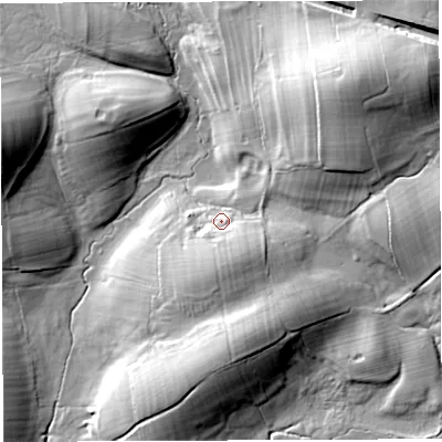 Shaded relief map of the ground around LA63NX, computed from Environment Agency LiDAR. The ground here sits at about 107 m above sea level and falls 38 m across the surrounding 800 m. Surface water reaching this point runs off ground lying to the north-east, 22.0 m higher.