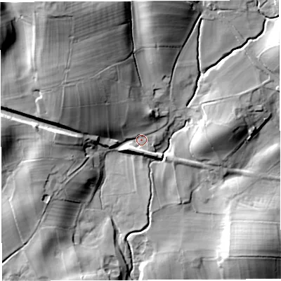 Shaded relief map of the ground around LA63NZ, computed from Environment Agency LiDAR. The ground here sits at about 124 m above sea level and falls 43 m across the surrounding 800 m. Surface water reaching this point runs off ground lying to the north-north-west, 13.4 m higher.