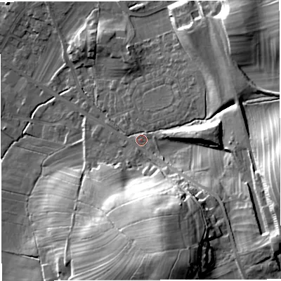 Shaded relief map of the ground around LA63PN, computed from Environment Agency LiDAR. The ground here sits at about 127 m above sea level and falls 37 m across the surrounding 800 m. Surface water reaching this point runs off ground lying to the east-south-east, 27.2 m higher.