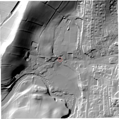 Shaded relief map of the ground around LA77AD, computed from Environment Agency LiDAR. The ground here sits at about 11 m above sea level and falls 38 m across the surrounding 800 m. Surface water reaching this point runs off ground lying to the north-west, 31.6 m higher.